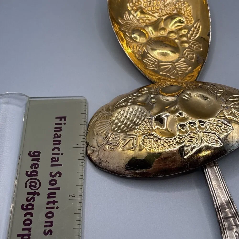 Vintage Gold/Silver  Tone Salad Serving Spoon Fork Set Embossed Fruit Pattern